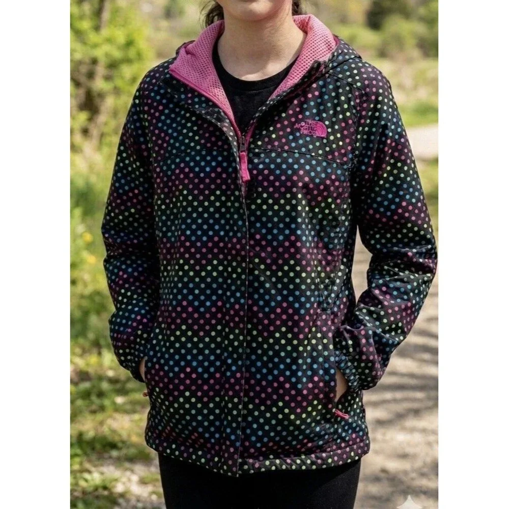 The North Face Kids Rain Jacket Polka Dot Black Pink Blue Green Size L 14/16